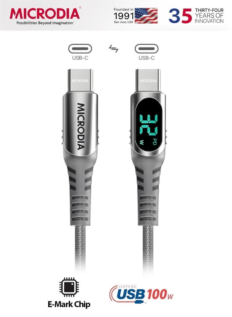 MICRODIA 【MICRODIA】 ExeCable 100W USB-C to USB-C Fast Charge Cable with Digital LCD Display, Kevlar Braided (1.3m / 2.6m) - Silver - Image 1